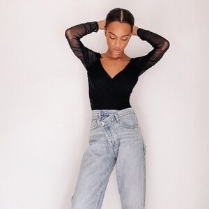 Lulus Intriguing Looks Black Ruched Mesh Long Sleeve Bodysuit - Size M